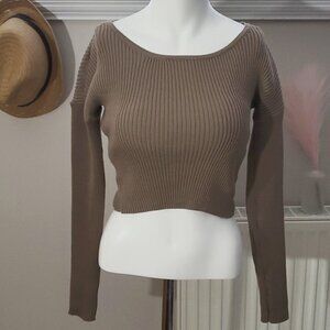 Taupe Sand Brown Cropped Long Sleeve Knit Top Scoop Neck